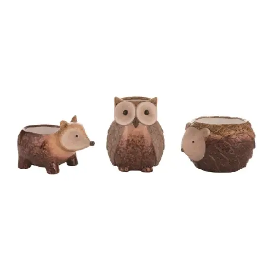 Transpac Set of 3 Ceramic Hedgehog Owl Fox Planters Fall Harvest Brown Tabletop Decor Indoor Gift for Home image {1}