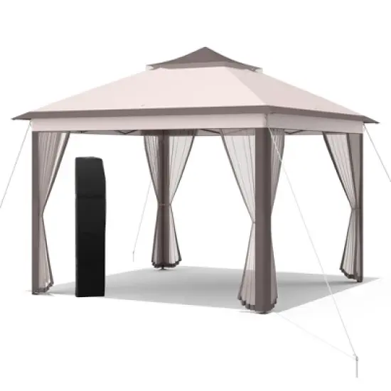 Costway 11'x11' 2-Tier Pop-Up Gazebo Tent Portable Canopy Shelter Carry Bag Mesh Brown\Beige image {10}