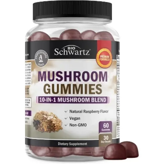 Mushroom Gummies for Adults, 10in1 Mushroom Supplement for Mood and Focus with Lions Mane, Turkey Tail, & More, Raspberry Flavor, Bioschwartz, 60ct image {7}