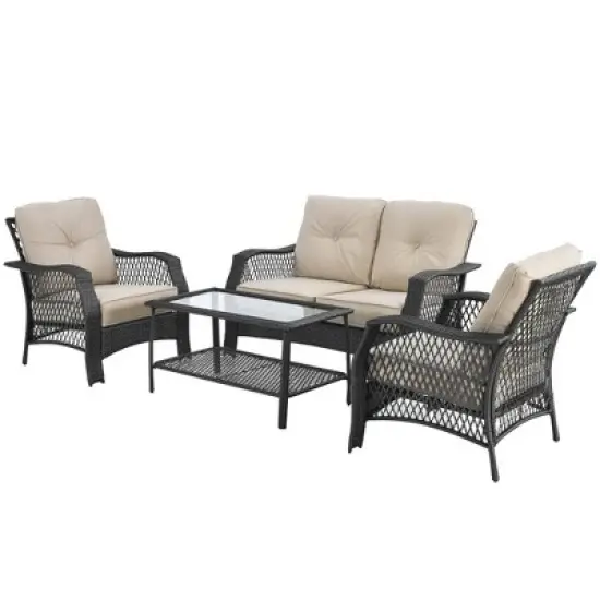Costway 4PCS Patio Wicker Furniture Set Loveseat Sofa Coffee Table W/ Cushion image {9}