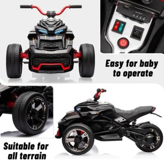 12V 3 Wheeler Ride On ATV Electric Motorcycle, w/Led Lights, High & Low Speed, Horn, Music, USB, Treaded Tires, for Kids Gift image {1}