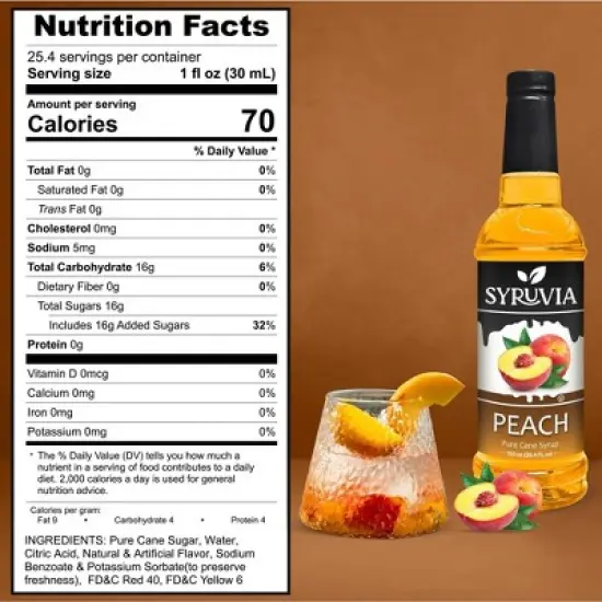Syruvia Peach Syrup - 25.4 fl oz. Premium Flavoring Syrup For Coffee image {2}