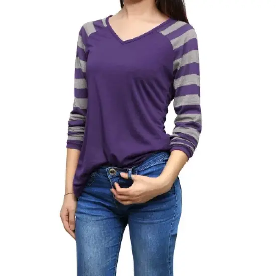 Allegra K Women's Striped V Neck Long Raglan Sleeve T-Shirts image {6}