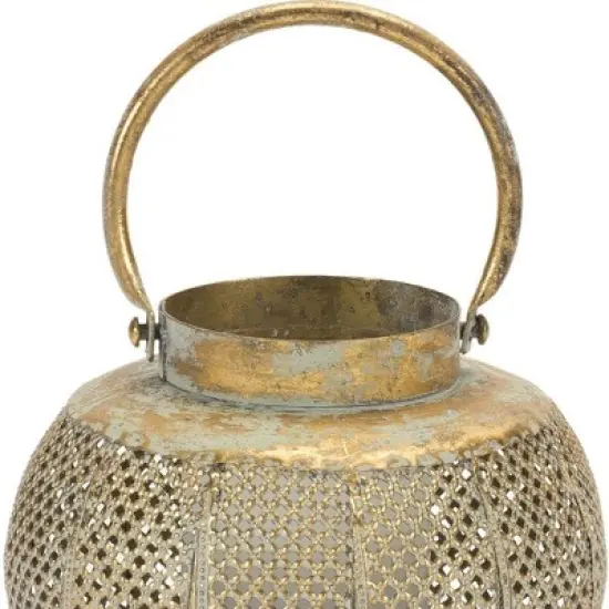 HomeRoots 6" Bronze And Green Distressed Lattice Metal Tabletop Lantern Candle Holder image {4}