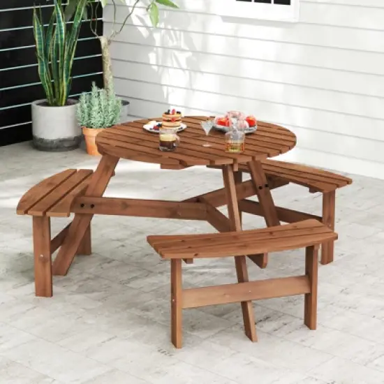 Tangkula 6-Person Round Picnic Table Set w/ 3 Built-in Benches 2" Umbrella Hole image {1}