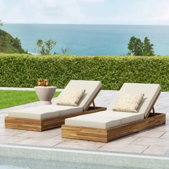 Christopher Knight Home Mira Outdoor Adjustable Acacia Wood Chaise Lounge with Cushion (Set of 2) image {10}