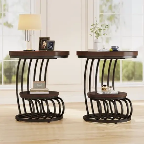 Tribesigns 2-tier Round End Table, Side Table with Storage Shelf, Metal Arc-Shaped Frame Accent Table for Living Room, Bedroom image {6}