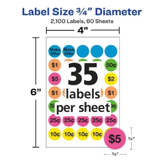 Avery Preprinted Removable Pricing Labels, 3/4 Inch Round Labels, Assorted Neon Colors, Non-Printable, 6 Packs, 2,100 Pricing Stickers Total (21918) image {4}