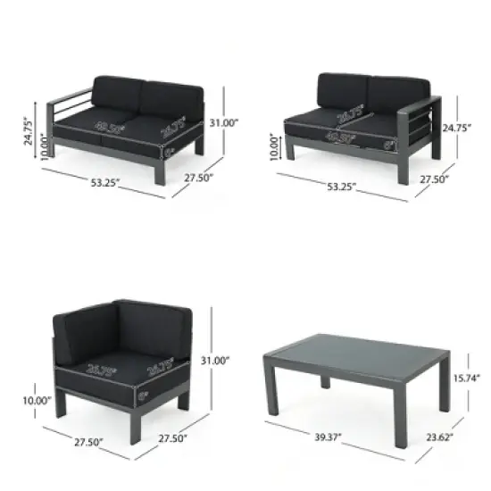 Christopher Knight Home Cape Coral Outdoor V-Shape Aluminum 5 Seater Sectional Sofa Set with Water-Resistant Cushions image {2}