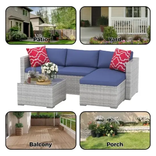 5-Piece Rattan Patio Set, All-Weather Wicker Sofa w/Glass Table and Ottoman, Anti-Slip Cushions - For Balcony, Porch, Garden image {2}
