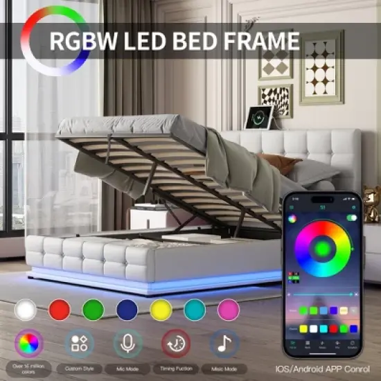 Queen Size PU Tufted Upholstered Platform Bed with Hydraulic Storage System, LED Lights and USB charger-ModernLuxe image {3}