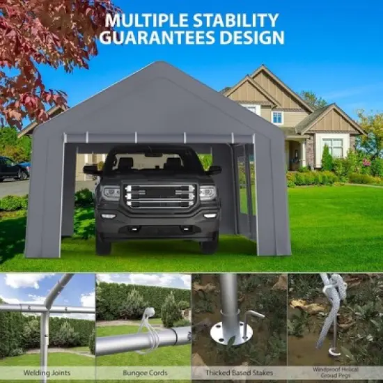 WhizMax 13' x 20' Carport & Party Tent, Heavy Duty Portable Garage Car Port Canopy with 4 Roll-up Doors & 4 Windows, Gray image {2}