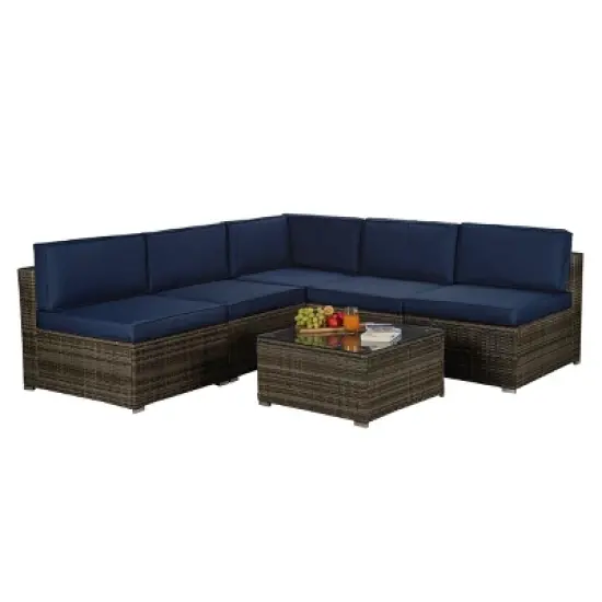 3pc Outdoor Rattan Wicker Conversation Set with Accent Table & Sectional - Brown/Blue - GODEER image {2}