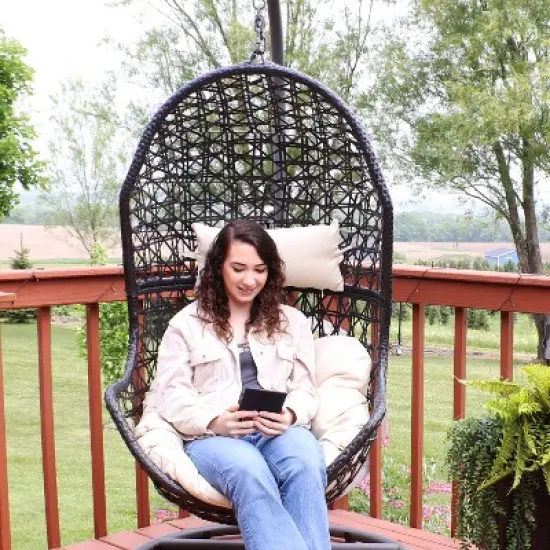 Sunnydaze Outdoor Resin Wicker Patio Cordelia Hanging Basket Egg Chair Swing with Cushion and Headrest - 2pc image {4}