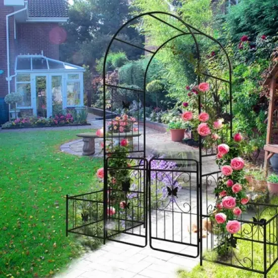 Lirago Metal Garden Arch with Double Gate Black Powder Coated Steel Trellis for Climbing Plants 86.6"H * 40.2"W * 19.7"D image {2}