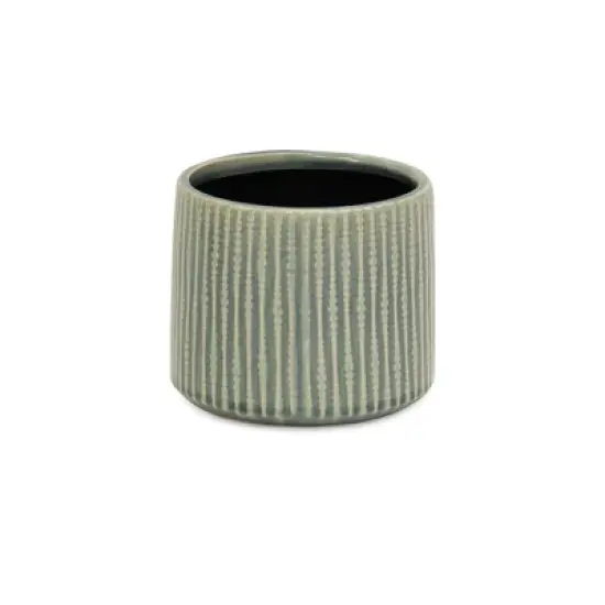 HomeRoots 6" Green Striped Ceramic Indoor Outdoor Round Pot Planter image {2}