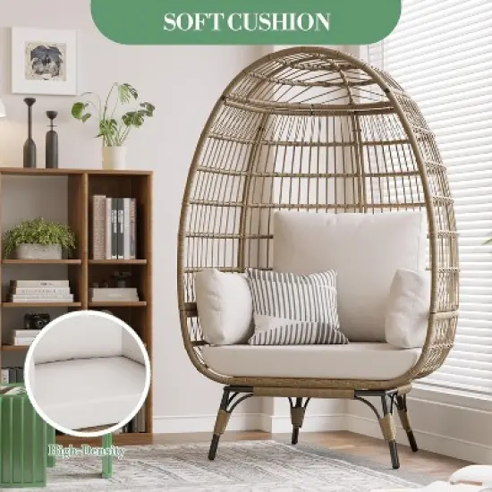Outdoor Patio Wicker Egg Chair, PE Rattan Chair with Thick Cushion, Oversized Indoor Outdoor Lounger, Egg Shaped Seat with Metal Stand, Beige image {5}