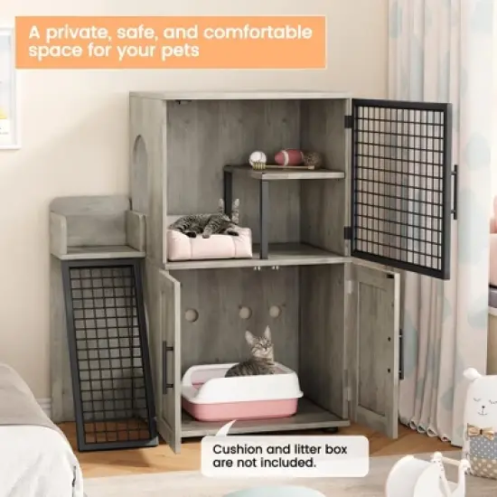 Cat Litter Box Enclosure Furniture, Hidden Double Litter Box Cabinet with Ladder image {6}