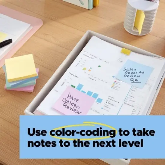 Post-it&reg; 100% Recycled Paper Super Sticky Notes, 3 in. x 3 in., Wanderlust Pastels, 5 Pads/Pack, 70 Sheets/Pad: Multicolored Stationery, Uncoated image {7}