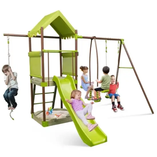 Costway 7-in-1 Swing Set with Covered Fort Height Adjustable Swing Climbing Rope Sandbox image {9}