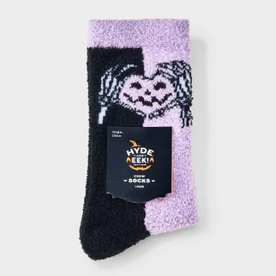 Women's Skeleton Heart Hands Jack - o' - Lantern Halloween Cozy Crew Socks - Hyde and EEK! Boutique&trade; Purple/Black/White 4 - 10 image {1}