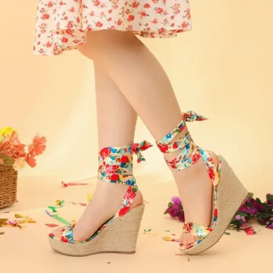 Perphy Platform Floral Printed Espadrille Wedge Sandals for Women image {5}