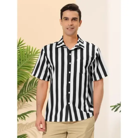 Lars Amadeus Men's Summer Vertical Striped Shirt Short Sleeves Button Up Color Block Stripe Shirt image {1}