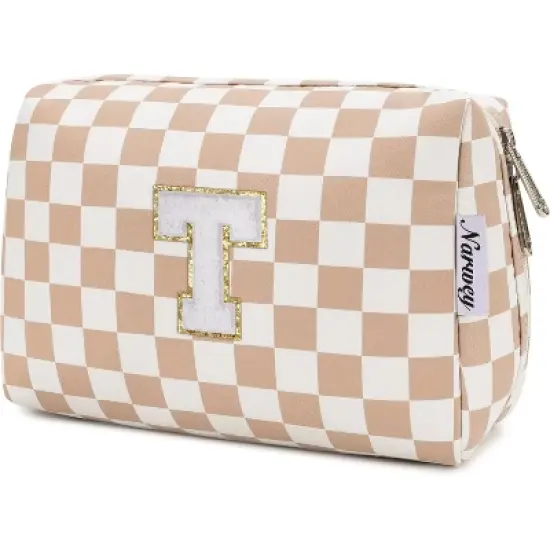 Narwey Birthday Gifts forTeen Girls Personalized Initial Checkered Makeup Bag image {3}
