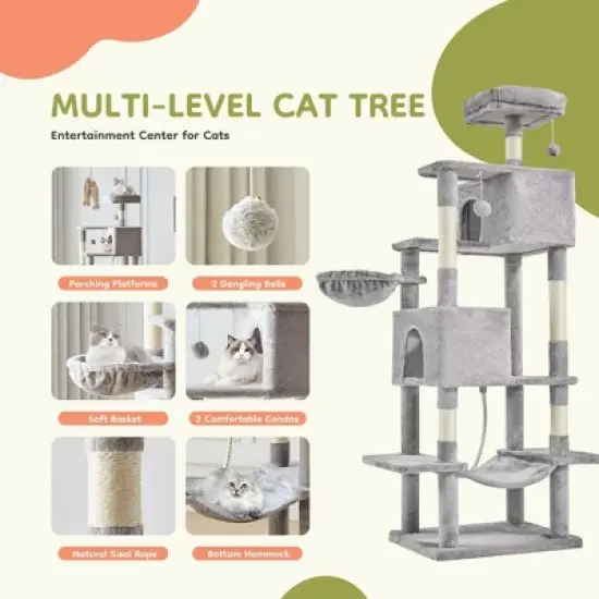 JIONJOY 66" Multi-Level Cat Tree - 2 Large Condos, Sisal Scratching Posts & Hammock, Stable Indoor Cat Tower-Light Grey image {5}