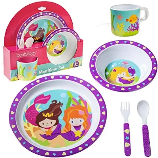 Laptop Lunches 5 Pc Mealtime Feeding Set for Kids and Toddlers - Mermaid - Includes Plate, Bowl, Cup, Fork and Spoon Utensil Flatware image {1}