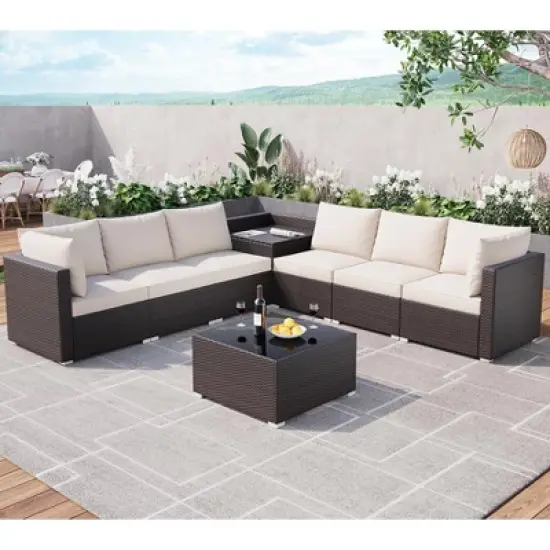 8 Pieces Outdoor Patio Furniture Set, Wicker Rattan Sectional with 4" Cushions, Glass Table & Hidden Storage Box, Brown image {8}