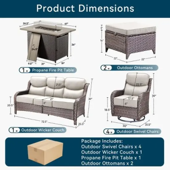 Gymojoy 8 Pieces Outdoor 6 Inch Sofa Swivel Chair Ottoman with Fire Pit Table image {2}