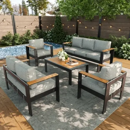 LayinSun 5 Pieces Aluminum Outdoor Patio Furniture Set with Coffee Table, Outside Metal Patio Conversation Sets with Deep Seating and Thick Cushions image {9}