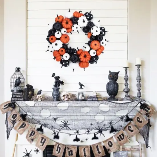 18 Inch Halloween Fall Wreath for Front Door, Black Orange White Artificial Pumpkin Wreath for Fall and Halloween Indoor Outdoor Home Party Decor image {4}
