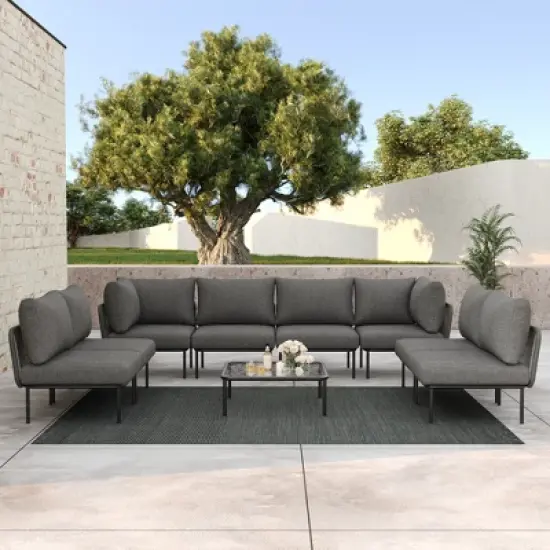 LayinSun 9 Pieces Rope Woven Patio Furniture Set, Modern Modular Sectional Sofa with Coffee Table and Upgrade Thickness Cushion image {7}