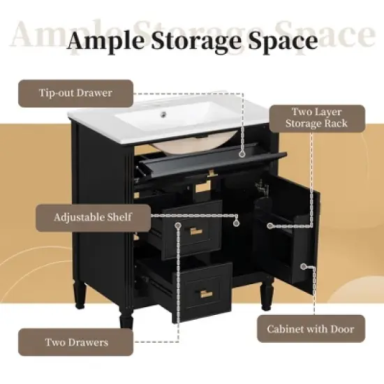 30" Bathroom Vanity with Ceramic Sink, Flip Drawer, 2 Storage Drawers & Adjustable Shelf, Compact Freestanding Vanity Cabinet - image {4}