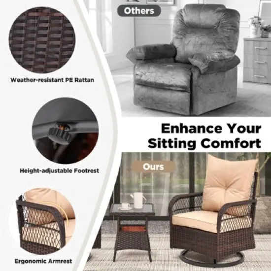 EROMMY 3 Pieces Patio Swivel Rocker Rattan Chairs, Outdoor Swivel Rocking Chairs With 1 Rattan Coffee Table, 360 Degree Swivel Patio Chairs For Lawn image {7}