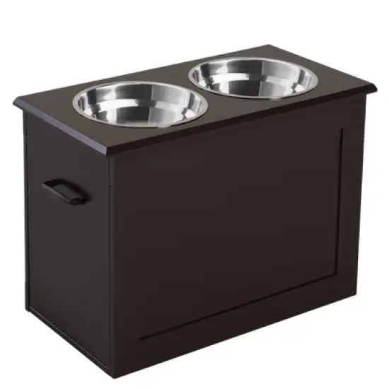 Gulches PawHut Raised Pet Feeding Station with Storage & 2 Stainless Steel Bowls - Dark Brown image {7}