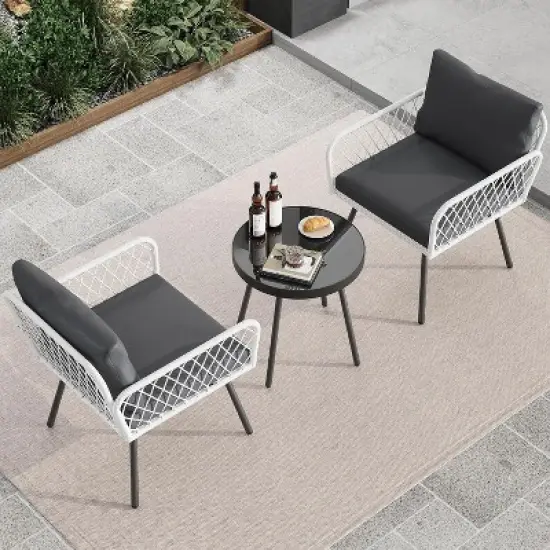 Acekool 3-Piece Patio Furniture Set with 2 Wicker Chairs & Glass Top Coffee Table, Outdoor Seating with Cushions for Balcony and Garden image {2}