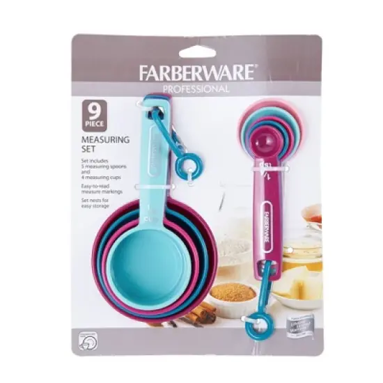 Farberware Kitchen Basics Measuring Cup & Spoon Set, 9-Piece Colorful Nesting Design with Easy-to-Read Markings - Dishwasher Safe Plastic image {3}