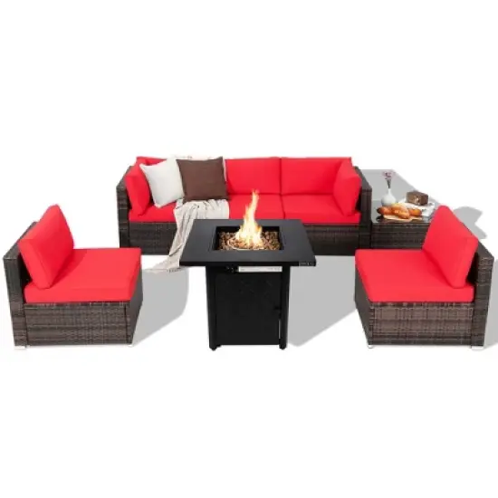 Tangkula Set of 7 Patio Furniture Set w/ 28" 50000 BTU Propane Gas Fire Pit Table Cushions image {7}