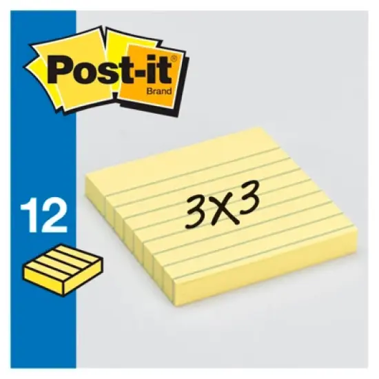 Post-it Lined Original Notes, 3 x 3 Inches, Canary Yellow, Pack of 12 image {1}