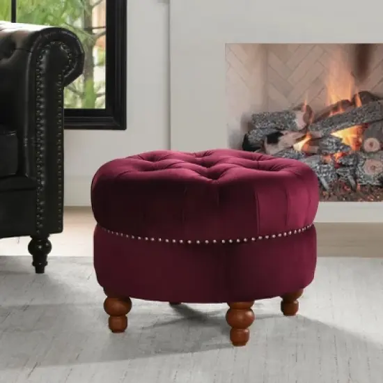 Jennifer Taylor Home La Rosa Victorian Tufted Round Ottoman, Burgundy Velvet image {4}