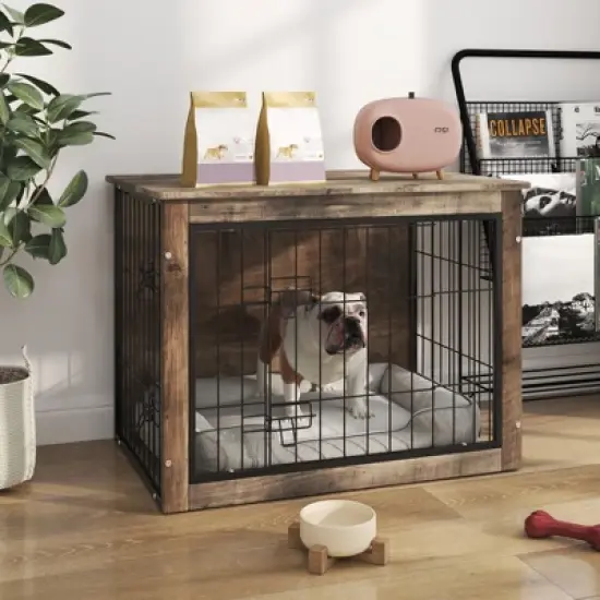 FURNIinspire Pet Crates And Houses Dog Crate Furniture With Double Doors, Medium Wooden Dog Cage, Indoor Dog Kennel, Brown, 32.68"*22.05"*25.2" image {5}