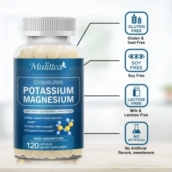 Mulittea Potassium Magnesium Gluten Free Capsules Dietary Supplement - 120 Count image {3}