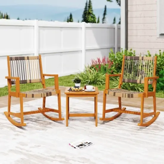 Costway 3 Piece Patio Rocking Set with Rattan Seat & Back Square Side Table for Porch image {3}