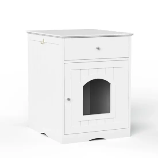 SEVOBAL Wooden Pet House Cat Litter Box Enclosure with Drawer, Side Table, Indoor Pet Crate, Cat Home Nightstand, White(18.9"*20.9"*25") image {4}