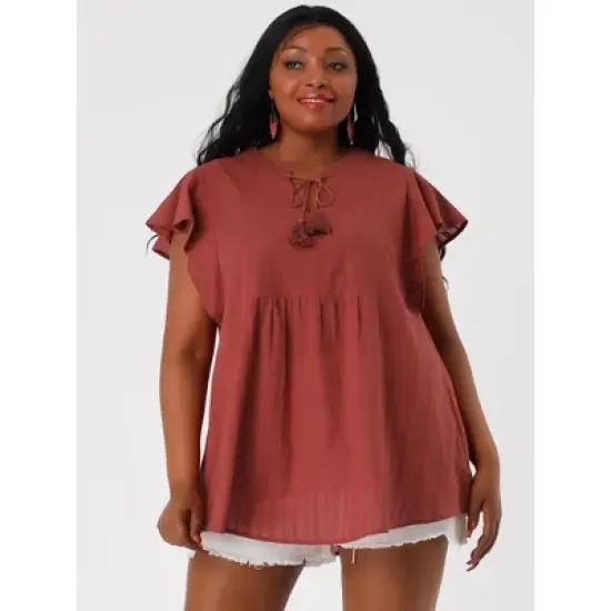 Agnes Orinda Women's Plus Size Flutter Sleeve Drawstring Flowy Summer Split V Neck Tunic Top image {3}