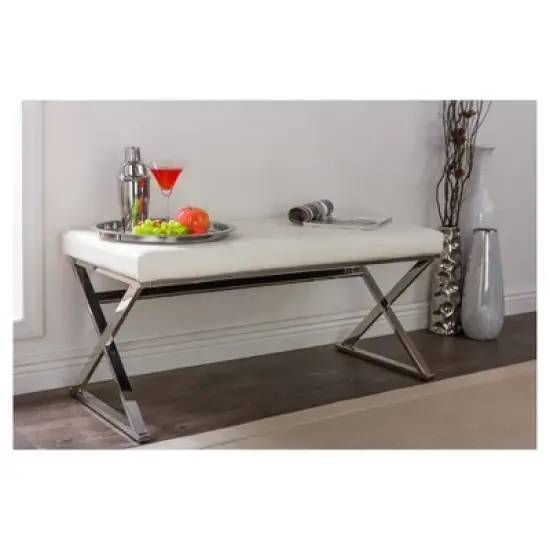 Herald Modern and Contemporary Stainless Steel and Faux Leather Upholstered Rectangle Bench - White - Baxton Studio image {3}