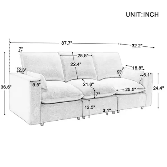 3 Seat Sofa with Removable Cushions and 2 Pillows, Teddy Fabric Upholstered Couch-ModernLuxe image {2}